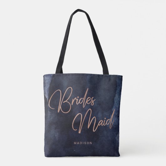 Navy Blauw Waterverf Roos Goud Bruidsmeisje Monogr Tote Bag (Achterkant)