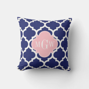 Navy Blauw Wht Marokkaans #5 Roze 3 Initiele Monog Buitenkussen