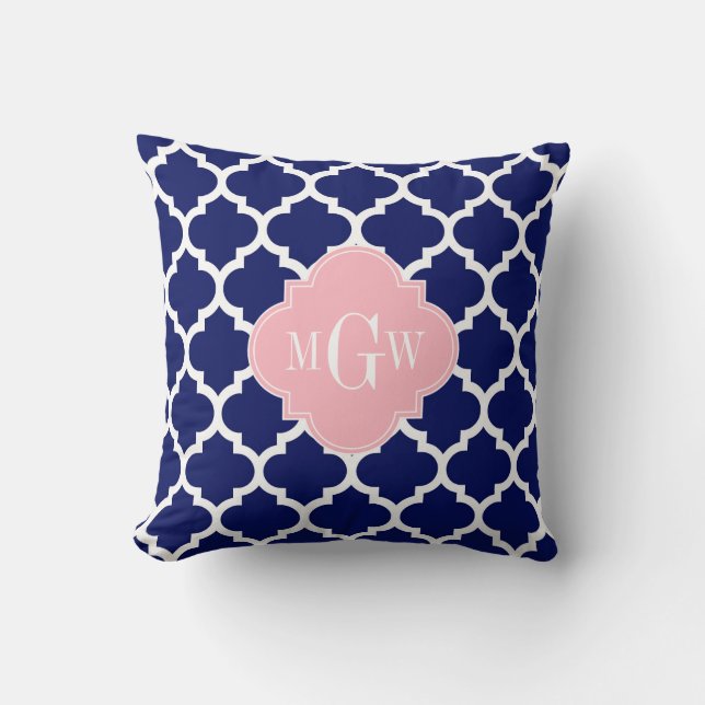 Navy Blauw Wht Marokkaans #5 Roze 3 Initiele Monog Kussen (Voorkant)