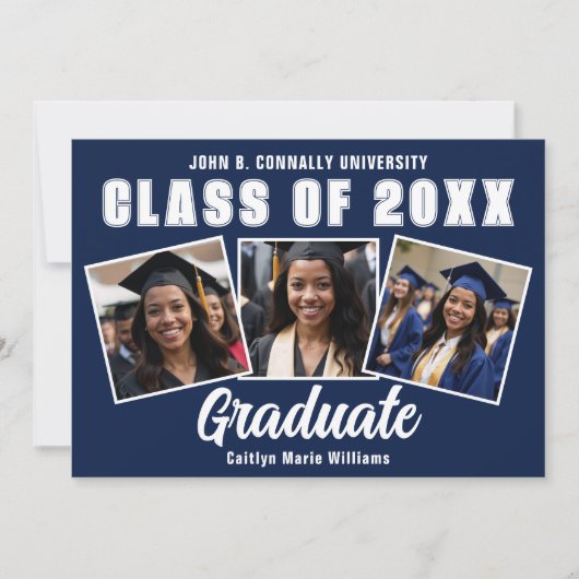 Navy Blauw Wit Afstuderen Fotocollage Afstuderen Aankondiging (Voorkant)