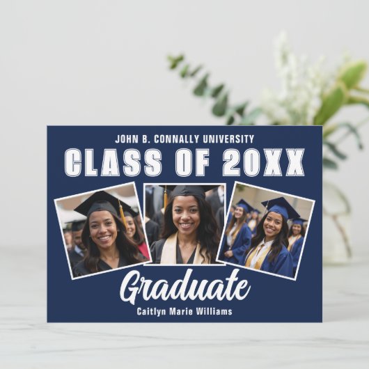 Navy Blauw Wit Afstuderen Fotocollage Afstuderen Aankondiging (Staand voorkant)