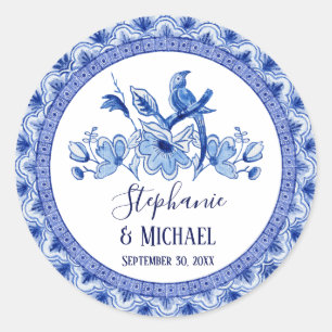 Navy Blauw Wit Aziatisch Chinoiserie Vrijgezellenf Ronde Sticker