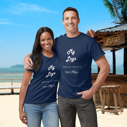 Navy blauw wit bedrijf logo naam handtekening t-shirt