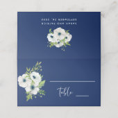 Navy Blauw & Wit Bloemen Waterverf Bruiloft Plaatskaartje (Buitenkant ongevouwen)