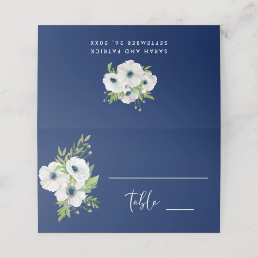 Navy Blauw & Wit Bloemen Waterverf Bruiloft Plaatskaartje (Buitenkant ongevouwen)