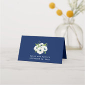 Navy Blauw & Wit Bloemen Waterverf Bruiloft Plaatskaartje (Achterkant)