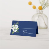 Navy Blauw & Wit Bloemen Waterverf Bruiloft Plaatskaartje (Voorkant)