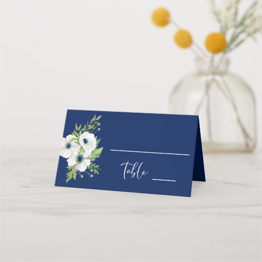 Navy Blauw & Wit Bloemen Waterverf Bruiloft Plaatskaartje (Voorkant)