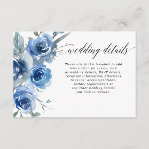 Navy blauw wit bloemenbruiloft waterverf details informatiekaartje