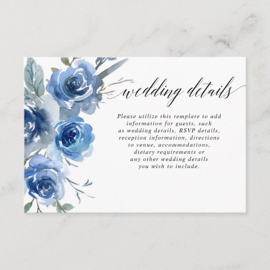 Navy blauw wit bloemenbruiloft waterverf details informatiekaartje (Voorkant)