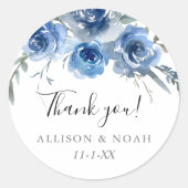 Navy blauw wit bloemenbruiloft waterverf gunst ronde sticker (Voorkant)