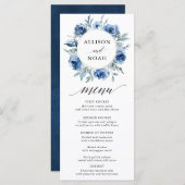 Navy blauw wit bloemenbruiloft waterverf menu (Voorkant / Achterkant)