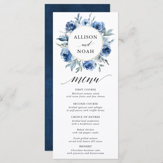 Navy blauw wit bloemenbruiloft waterverf menu (Voorkant / Achterkant)