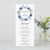 Navy blauw wit bloemenbruiloft waterverf menu (Staand voorkant)