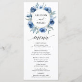 Navy blauw wit bloemenbruiloft waterverf menu (Voorkant)