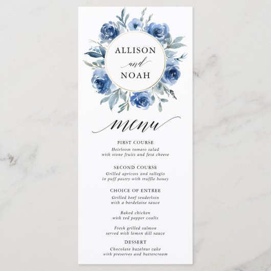 Navy blauw wit bloemenbruiloft waterverf menu (Voorkant)
