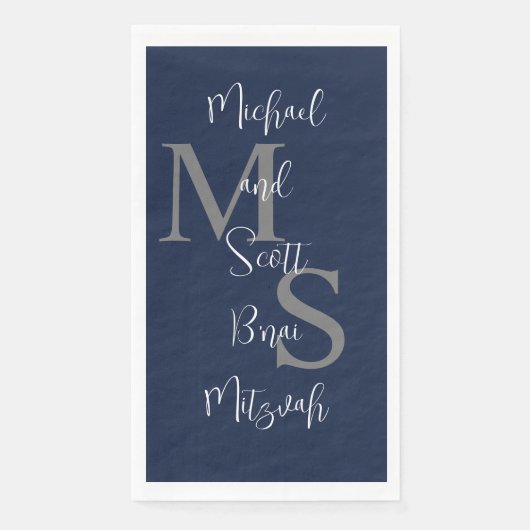 Navy Blauw Wit B'nai Mitzvah Naam Monogram Servet (Voorkant)