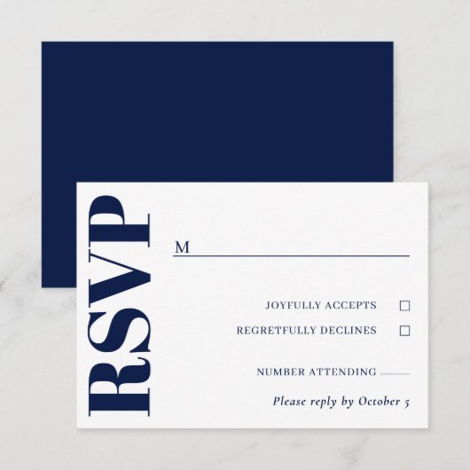 Navy Blauw Wit Bruiloft RSVP Kaartje (Voorkant / Achterkant)