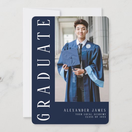 Navy Blauw Wit Een Foto Afstuderen Kaart (Voorkant)