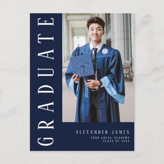 Navy Blauw Wit Een Foto Afstuderen Uitnodiging Briefkaart (Voorkant)