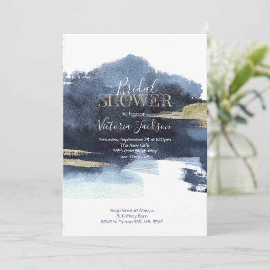 Navy Blauw Wit en Goud Waterverf Vrijgezellenfeest Kaart (Staand voorkant)