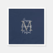 Navy Blauw Wit Gelukkig Pensioen Naam Monogram Servet (Voorkant)