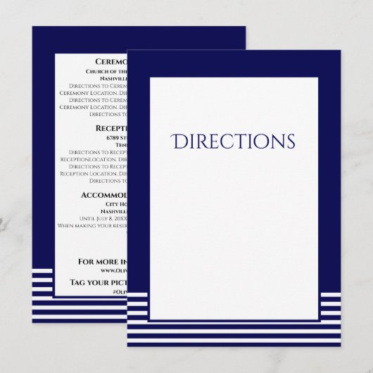 Navy Blauw & Wit Gestreept - Bijgevoegde Huwelijks Informatiekaartje (Voorkant / Achterkant)