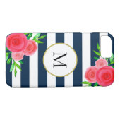 Navy Blauw Wit Gestreept Waterverf Floral Monogram Case-Mate iPhone Case (Achterkant (Horizontaal))