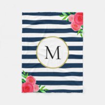 Navy Blauw Wit Gestreept Waterverf Floral Monogram