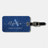 Navy blauw wit glitter monogram naam bagagelabel (Voorkant horizontaal)