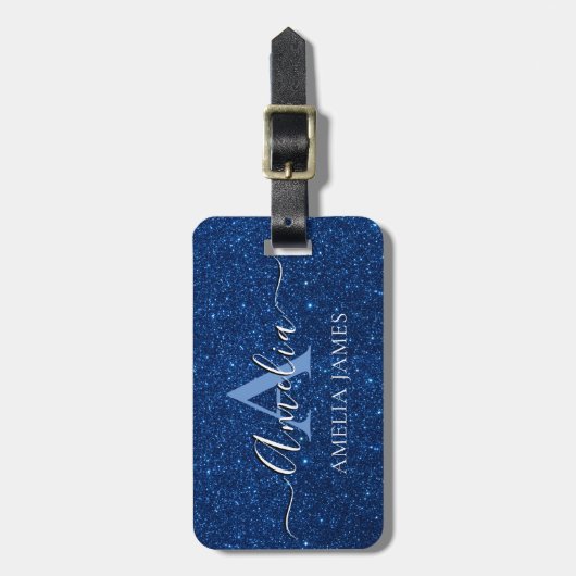 Navy blauw wit glitter monogram naam bagagelabel (Voorkant verticaal)