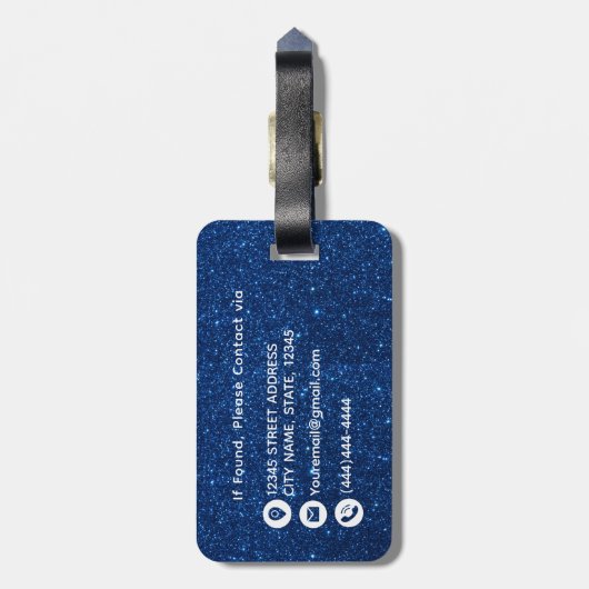 Navy blauw wit glitter monogram naam bagagelabel (Achterkant verticaal)