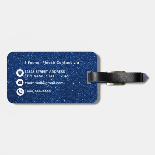 Navy blauw wit glitter monogram naam bagagelabel (Achterkant horizontaal)