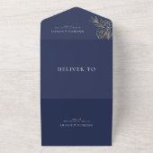 Navy Blauw Wit Goud Bloemen Botanische RSVP Bruilo All In One Uitnodiging (Buitenkant)