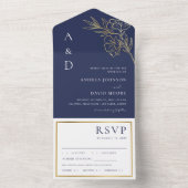 Navy Blauw Wit Goud Bloemen Botanische RSVP Bruilo All In One Uitnodiging (Binnen)