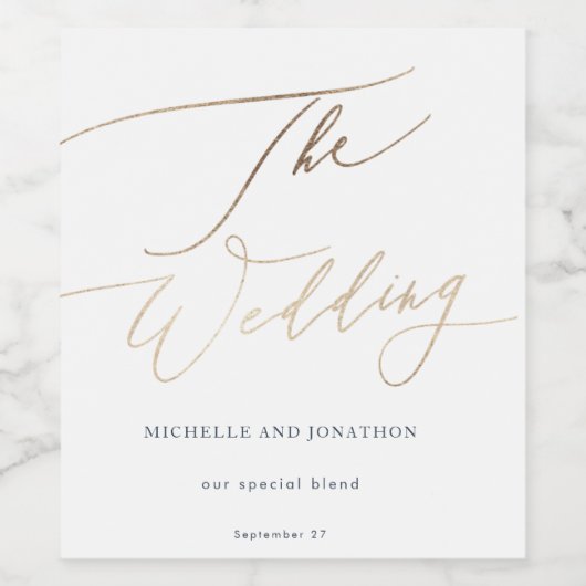 Navy Blauw Wit & Goud Kalligrafie De bruiloft Wijn Etiket (Enkel label)