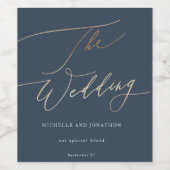 Navy Blauw Wit & Goud Kalligrafie De bruiloft Wijn Etiket (Enkel label)