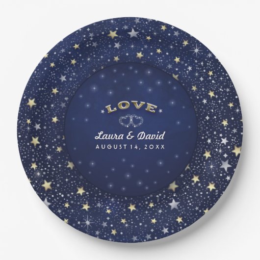 Navy Blauw Wit & Goud LIEFDE Sterren Bruiloft Bord (Voorkant)