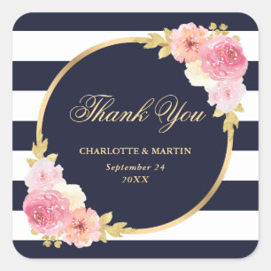 Navy Blauw Wit Goud Roze Bloemen Huwelijk Dank u Vierkante Sticker