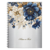 Navy Blauw Wit Gouden Bloemen Zilver Notitieboek (Voorkant)