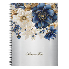 Navy Blauw Wit Gouden Bloemen Zilver Notitieboek