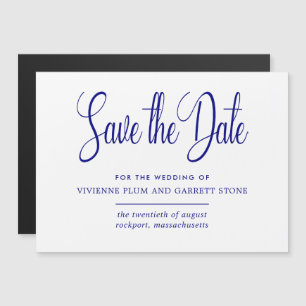 Navy Blauw Wit Kalligrafie Bruiloft Save the Date Magnetische Uitnodiging