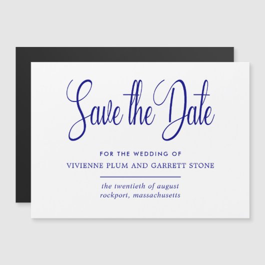Navy Blauw Wit Kalligrafie Bruiloft Save the Date Magnetische Uitnodiging (Voorkant / Achterkant)