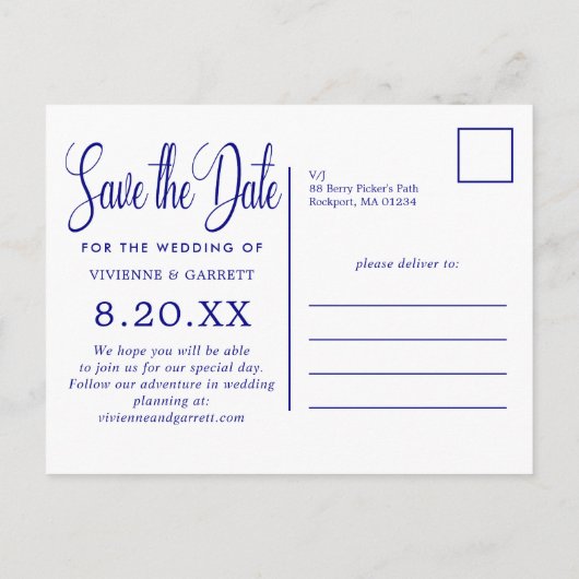 Navy Blauw Wit Kalligrafie Bruiloft Save the Date Uitnodiging Briefkaart (Achterkant)
