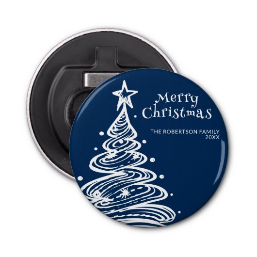 Navy Blauw Wit Kerstboom Party Button Flesopener (Voorkant)