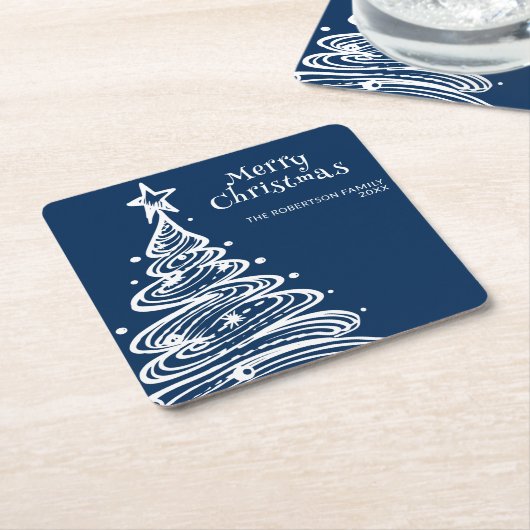 Navy Blauw Wit Kerstboom Party Kartonnen Onderzetters (Schuin)