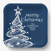 Navy Blauw Wit Kerstboom Party Papieren Bordje (Voorkant)