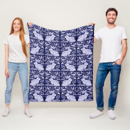 Navy Blauw & Wit Konijn Konijnenvogel Bloemen Dedh Fleece Deken