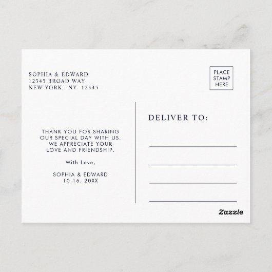 Navy blauw wit marmer bruiloft dank u briefkaart (Achterkant)