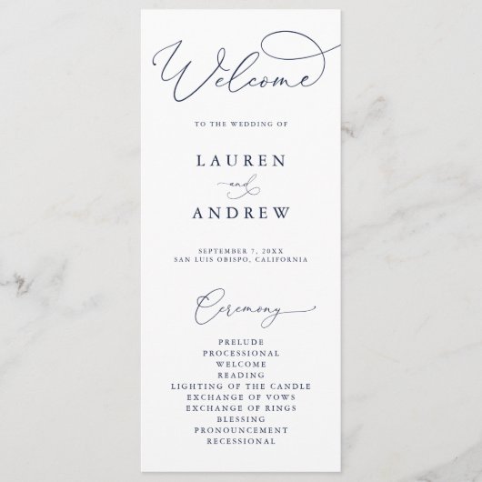 Navy Blauw & Wit Minimalistische bruiloft Programmakaart (Voorkant)